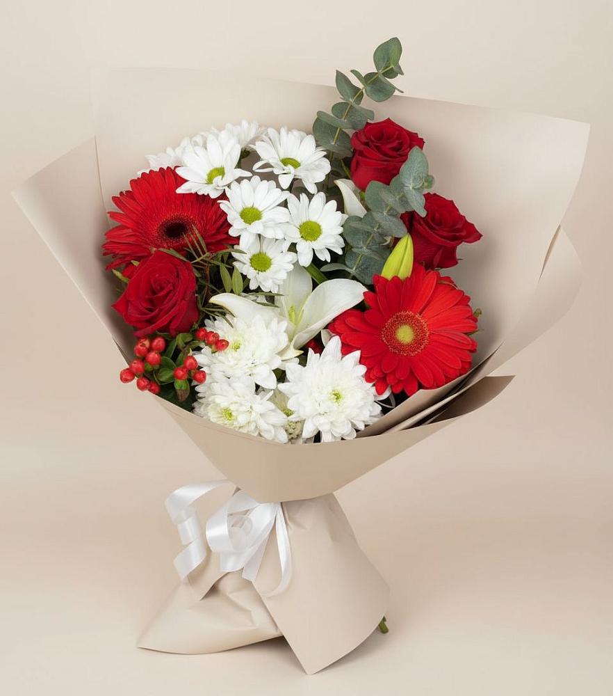 Букет цветов из: Розы, Хризантемы, Герберы и Лилии в Кадошкино