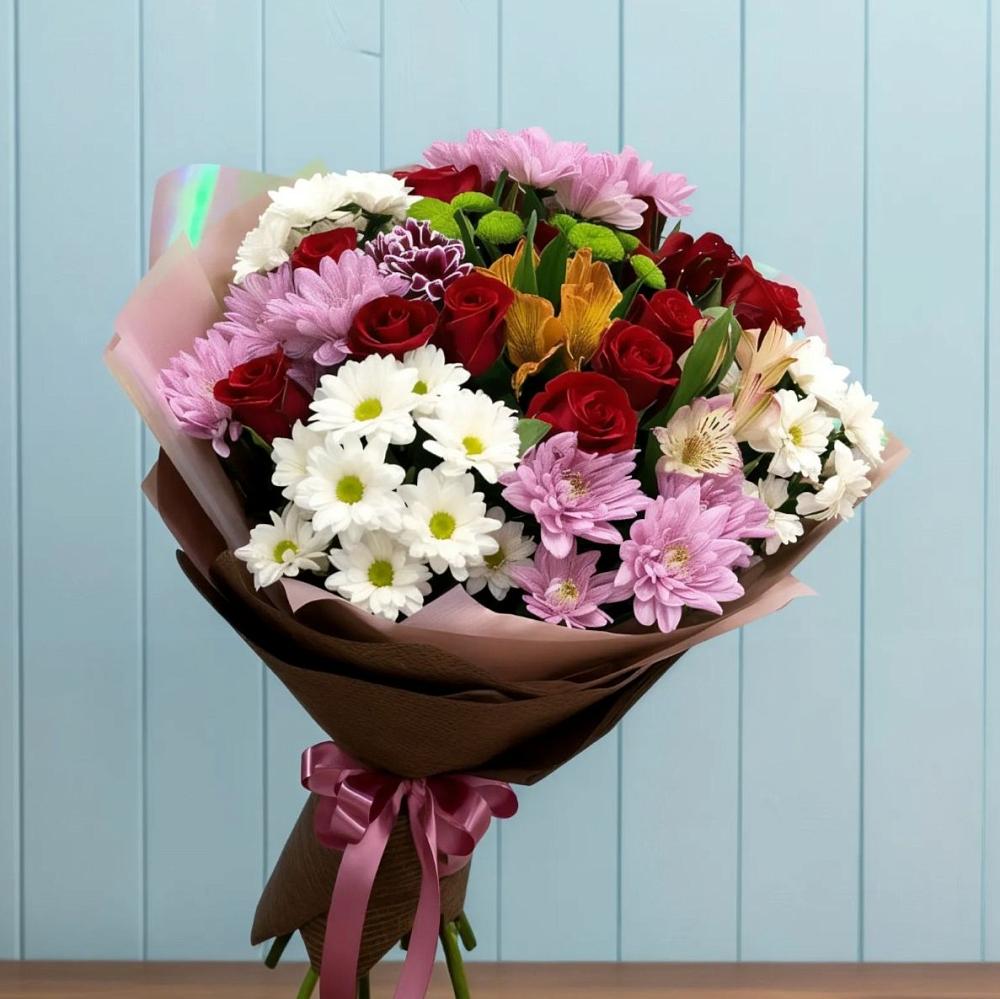 Букет цветов из: Розы, Хризантемы и Альстромерии в Кадошкино